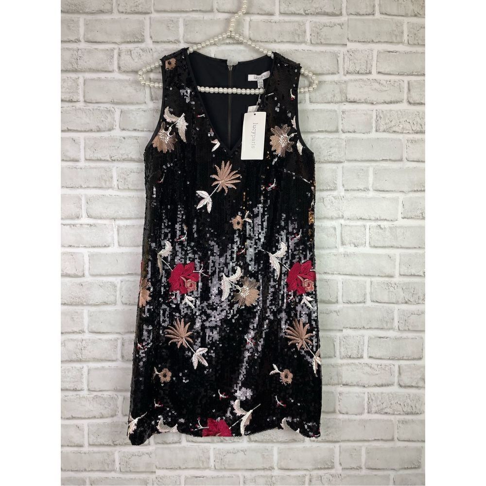 Lucy Paris Black Floral Mini Dress Sequins V Neck Size Small Floral Embr…